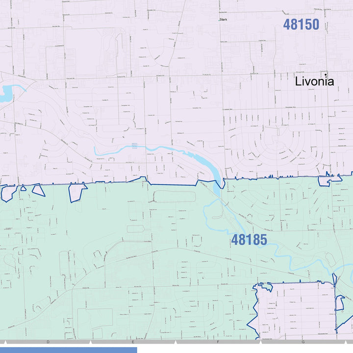 Color Cast Zip Code Style Wall Map of Livonia, MI
