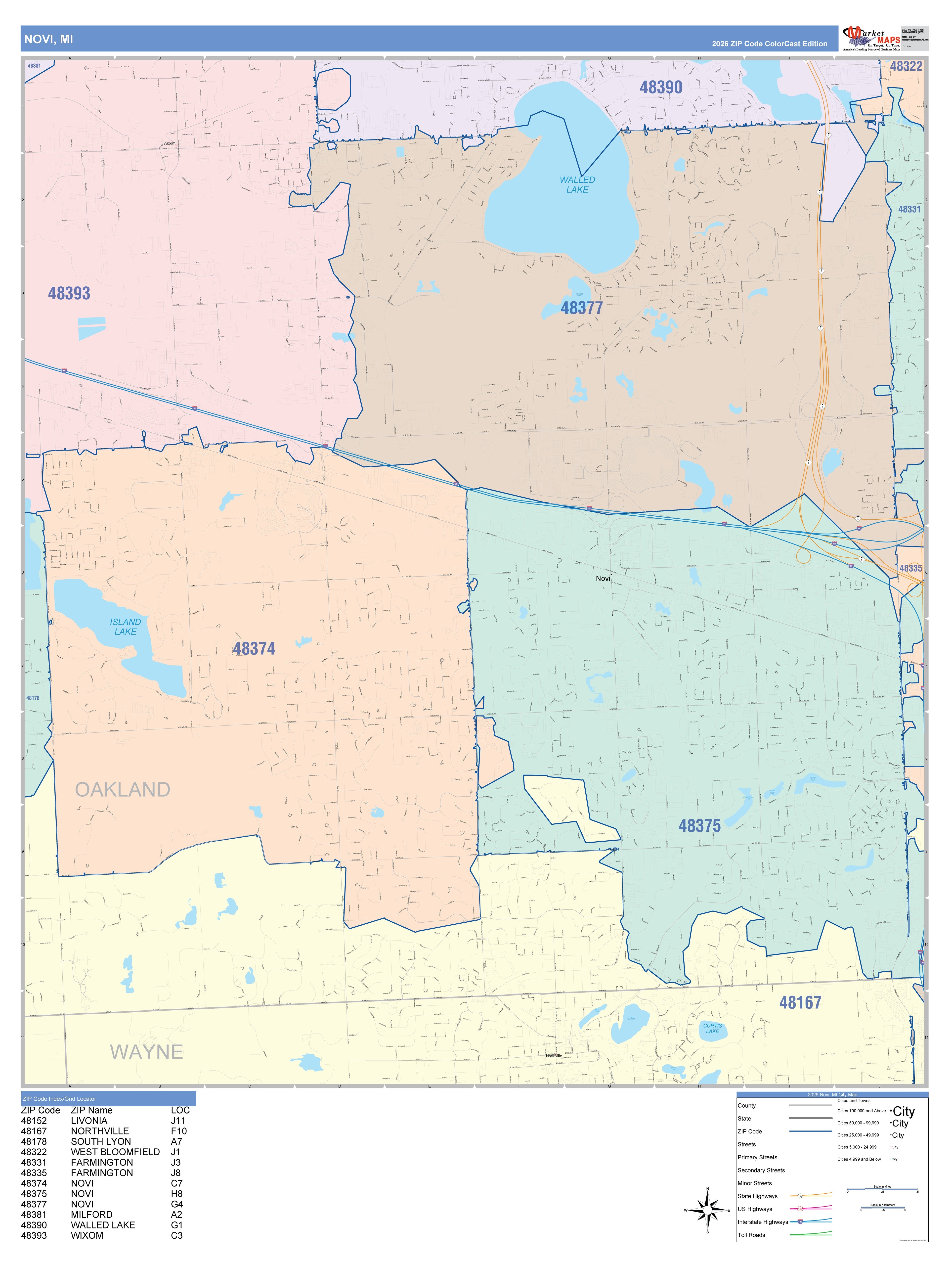 Color Cast Zip Code Style Wall Map of Novi, MI – American Map Store