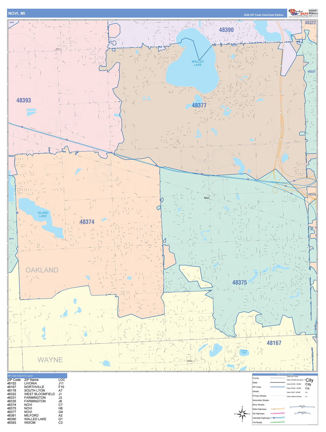 Color Cast Zip Code Style Wall Map of Novi, MI
