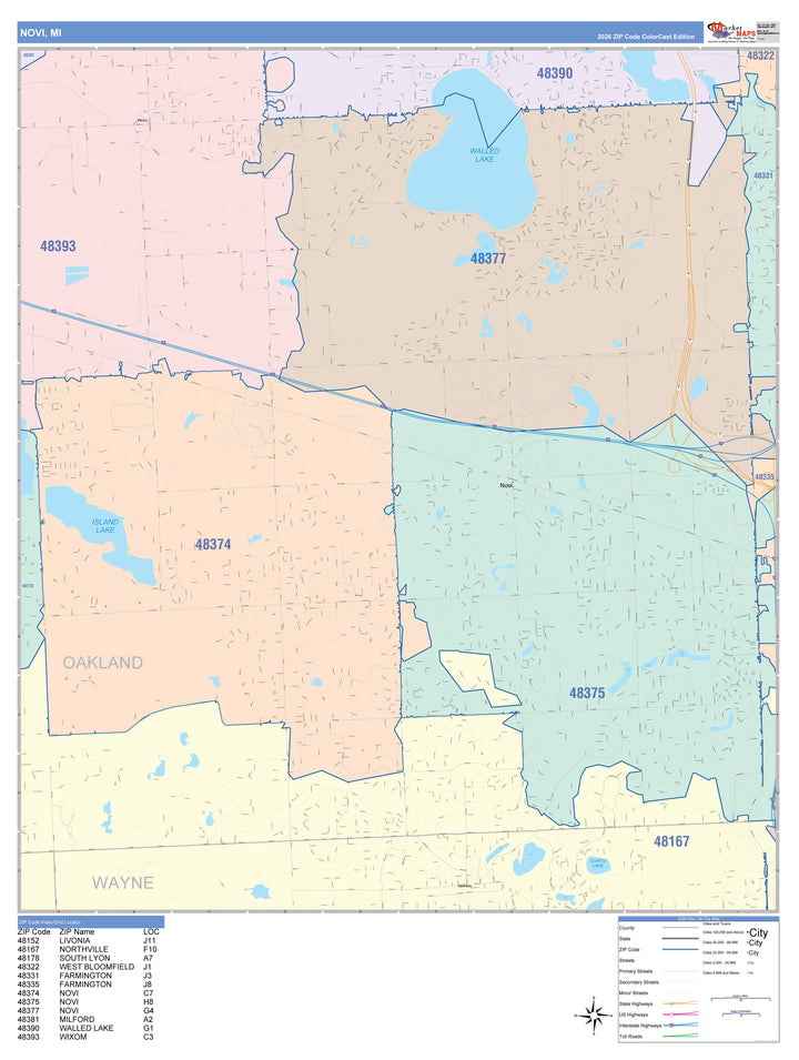 Color Cast Zip Code Style Wall Map of Novi, MI