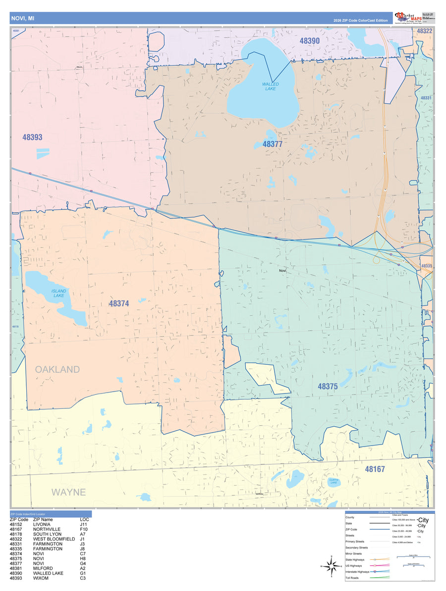 Color Cast Zip Code Style Wall Map of Novi, MI – American Map Store