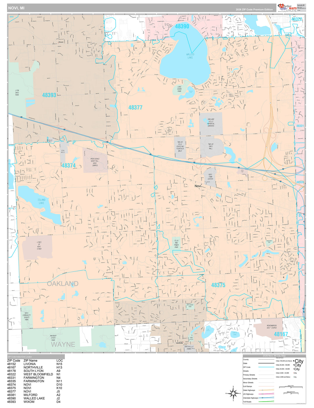 Premium Style Wall Map of Novi, MI