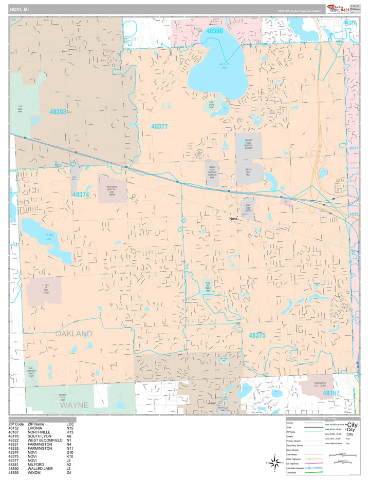Premium Style Wall Map of Novi, MI