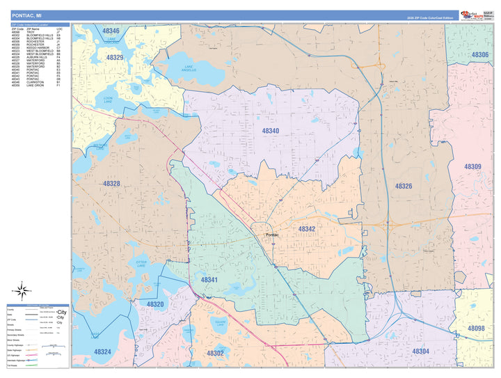 Color Cast Zip Code Style Wall Map of Pontiac, MI