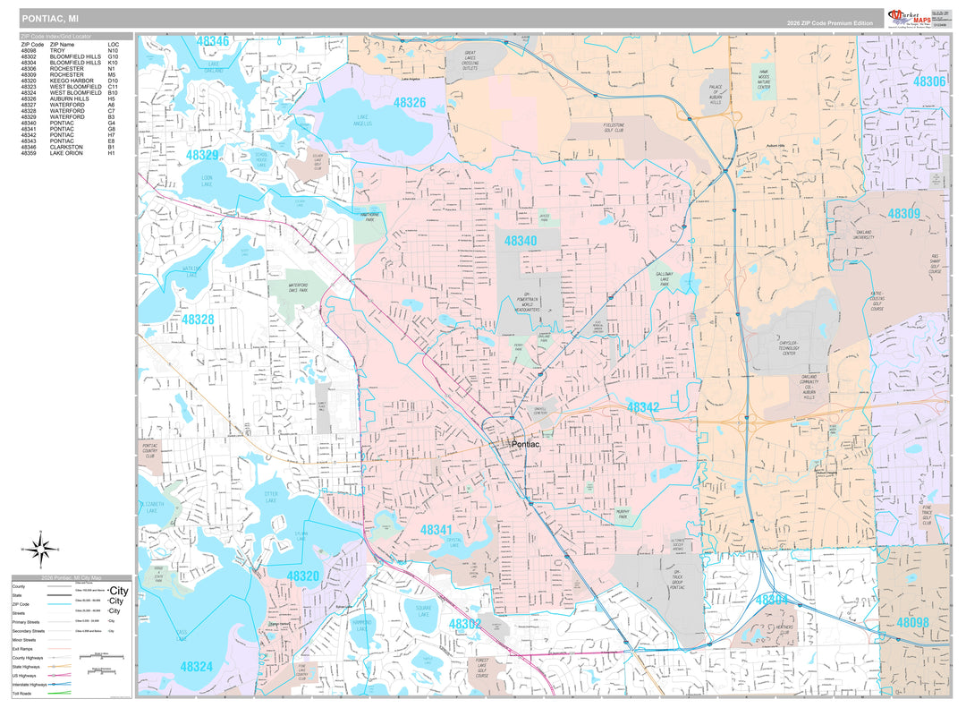Premium Style Wall Map of Pontiac, MI