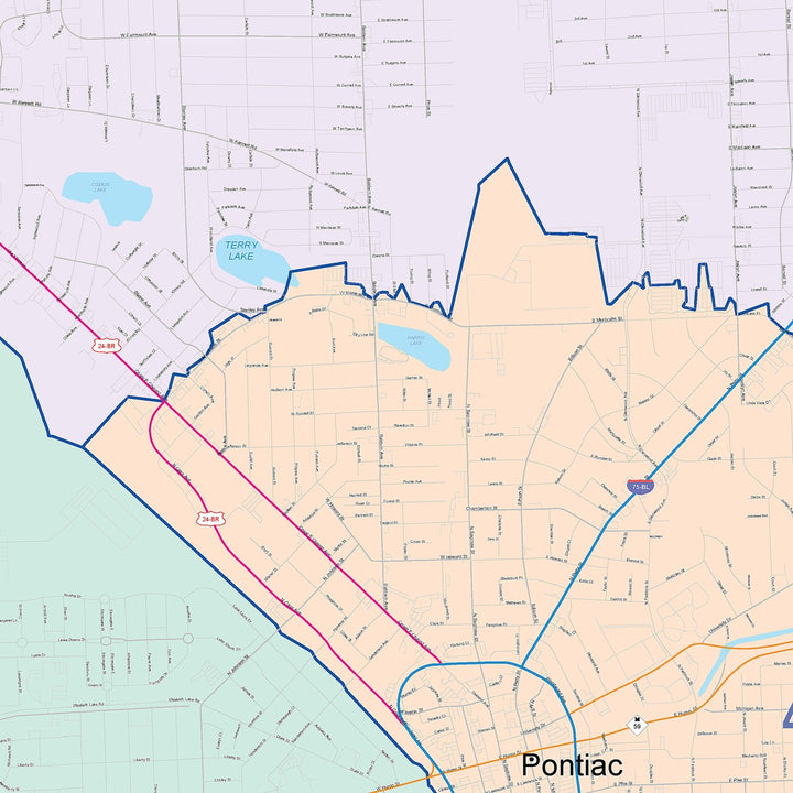 Color Cast Zip Code Style Wall Map of Pontiac, MI