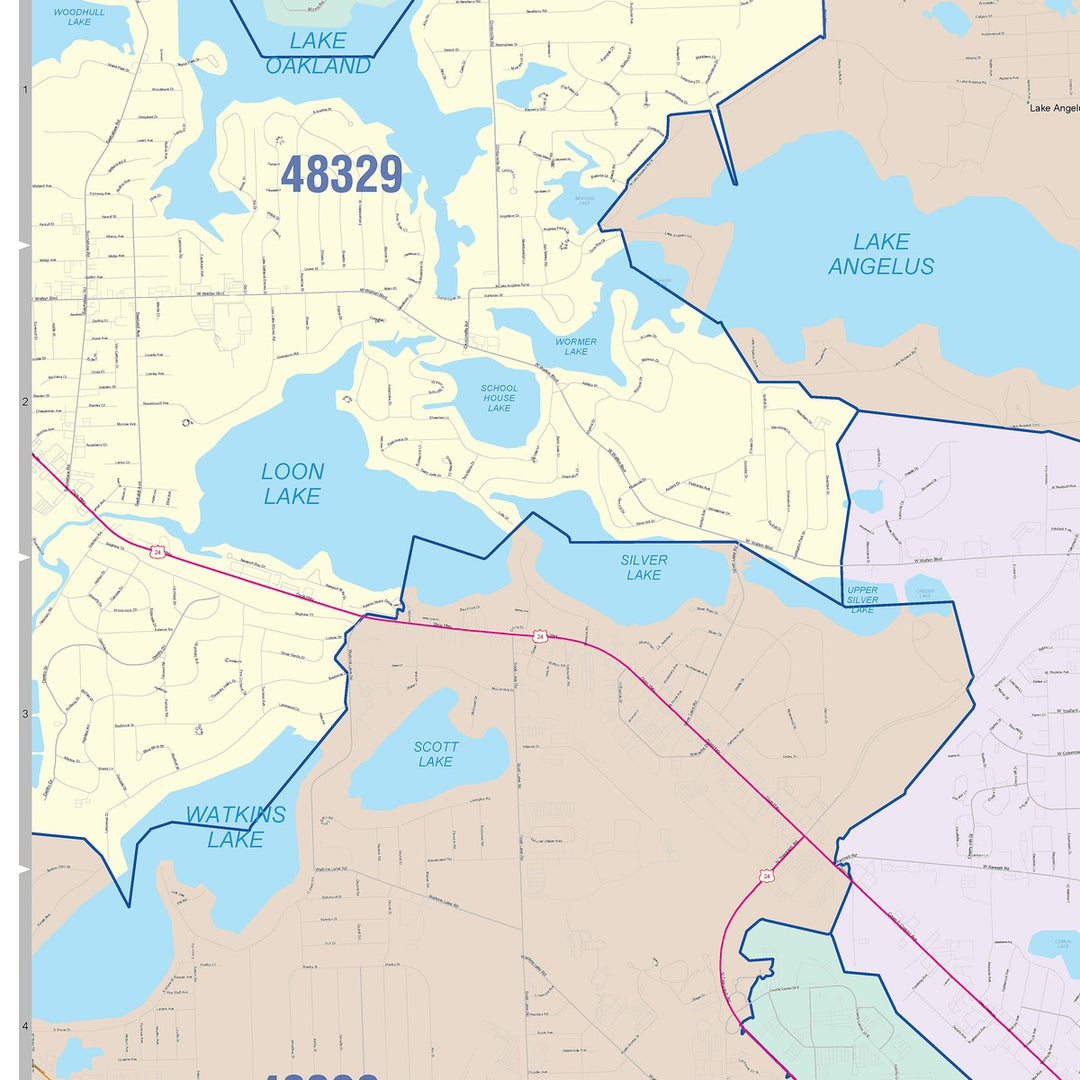 Color Cast Zip Code Style Wall Map of Pontiac, MI