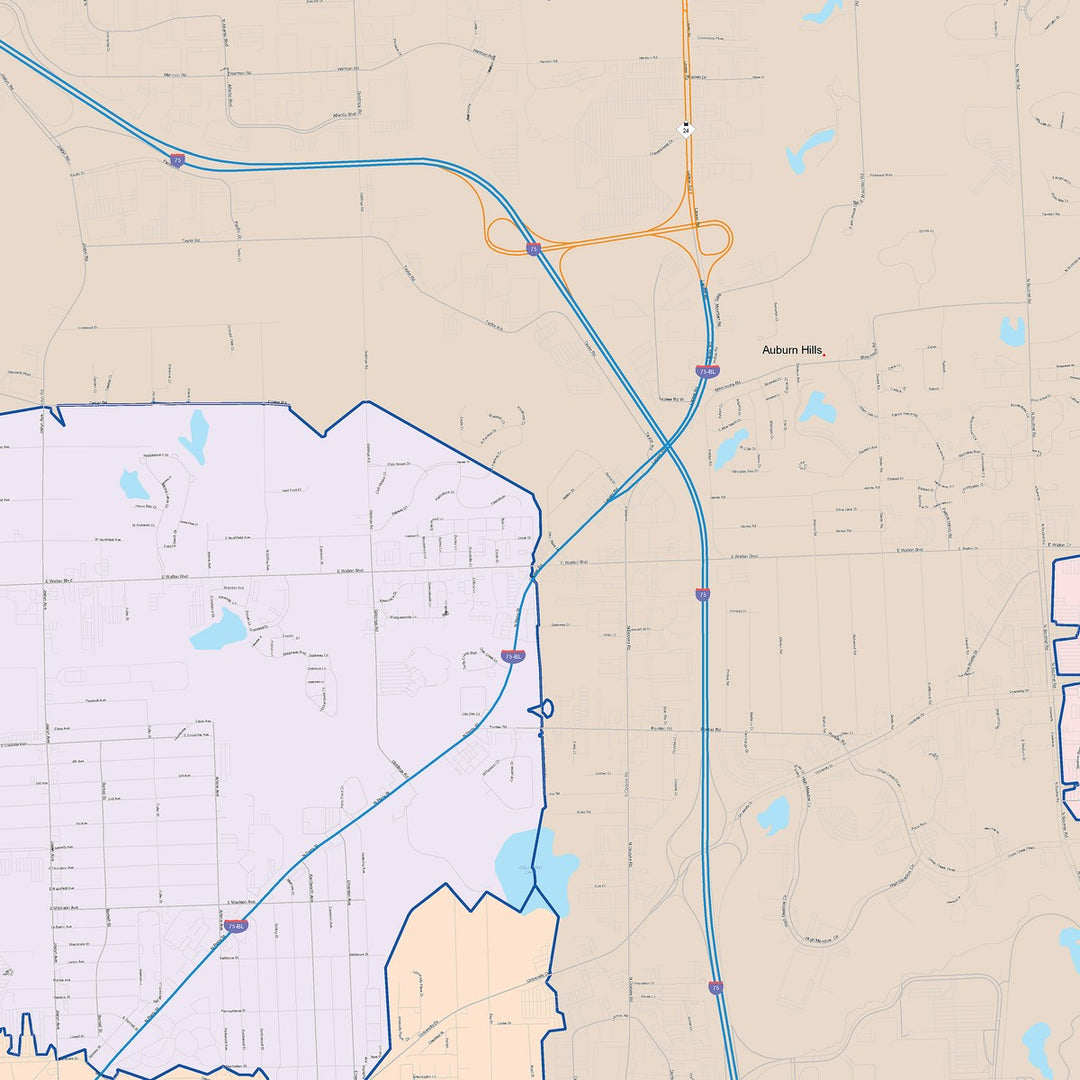 Color Cast Zip Code Style Wall Map of Pontiac, MI
