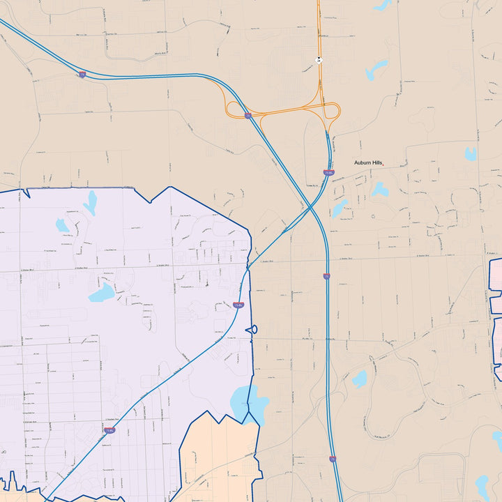 Color Cast Zip Code Style Wall Map of Pontiac, MI