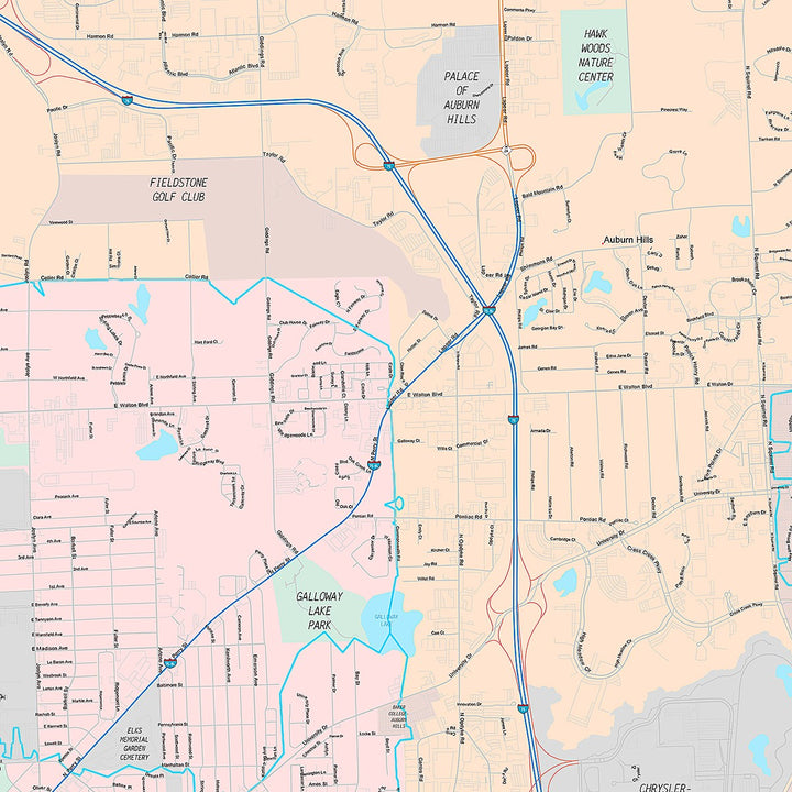 Premium Style Wall Map of Pontiac, MI