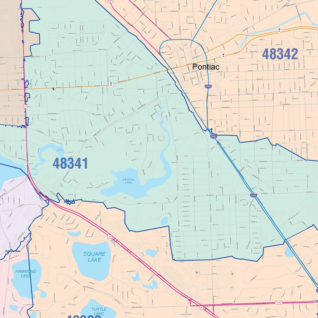 Color Cast Zip Code Style Wall Map of Pontiac, MI