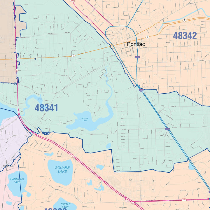 Color Cast Zip Code Style Wall Map of Pontiac, MI