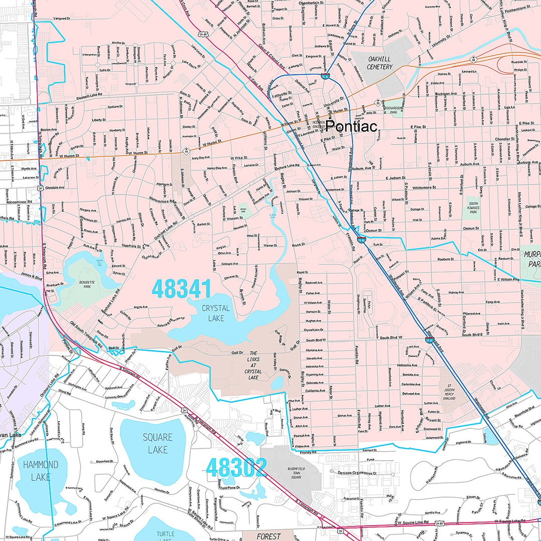 Premium Style Wall Map of Pontiac, MI