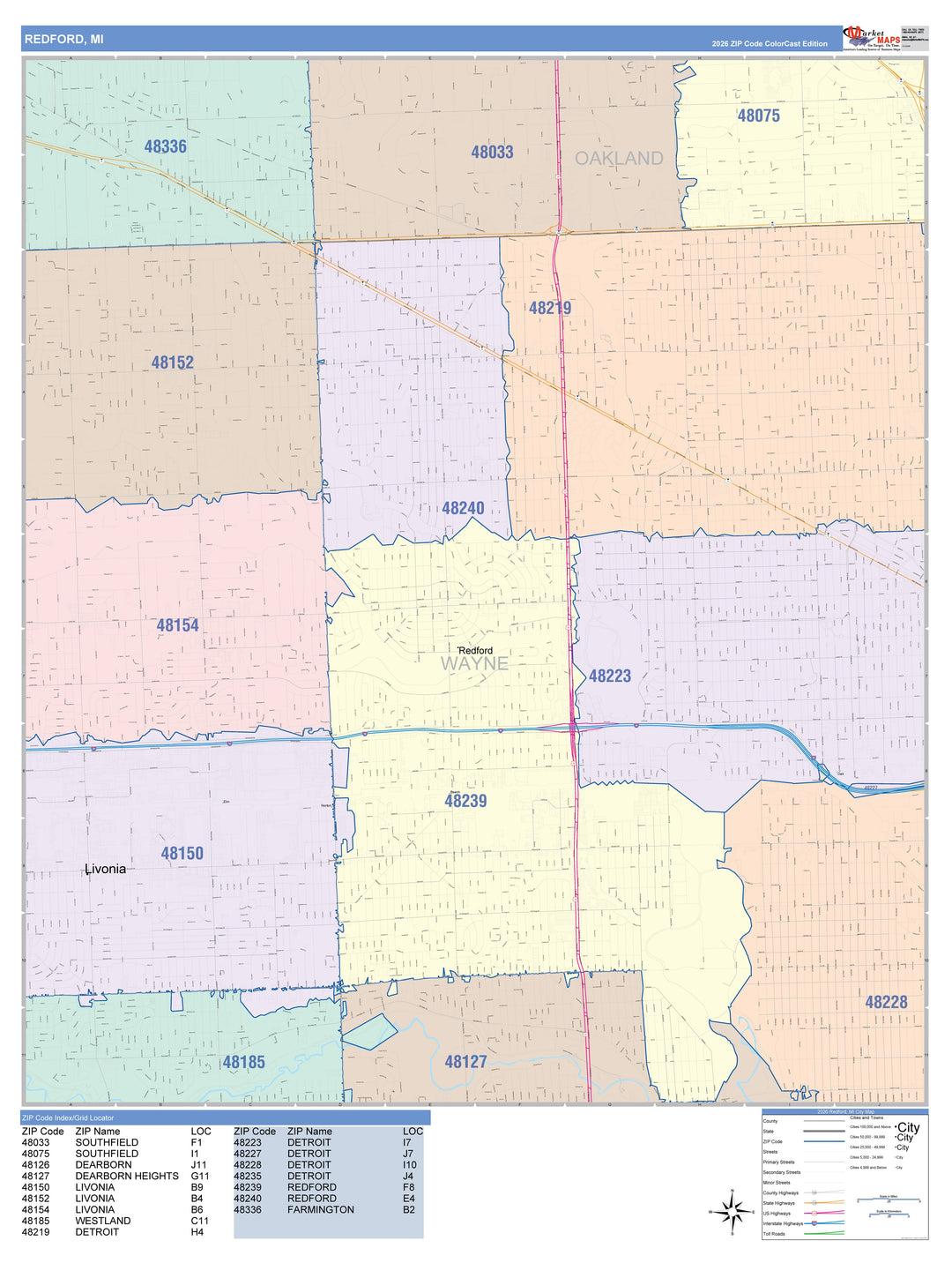 Color Cast Zip Code Style Wall Map of Redford, MI