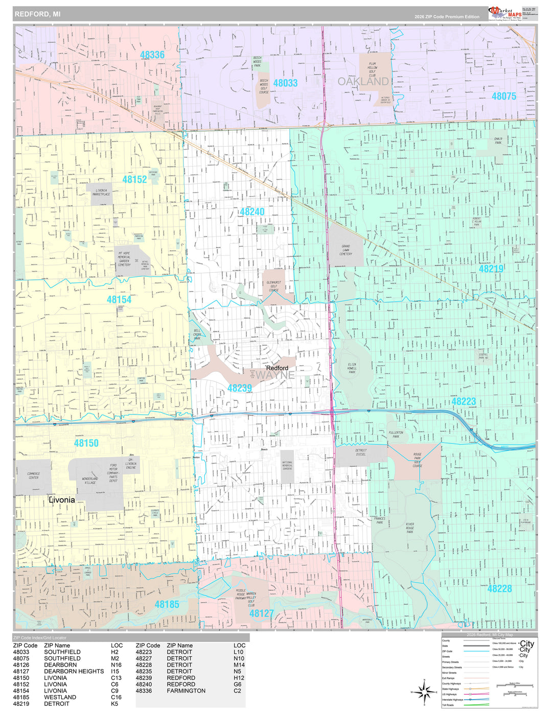 Premium Style Wall Map of Redford, MI