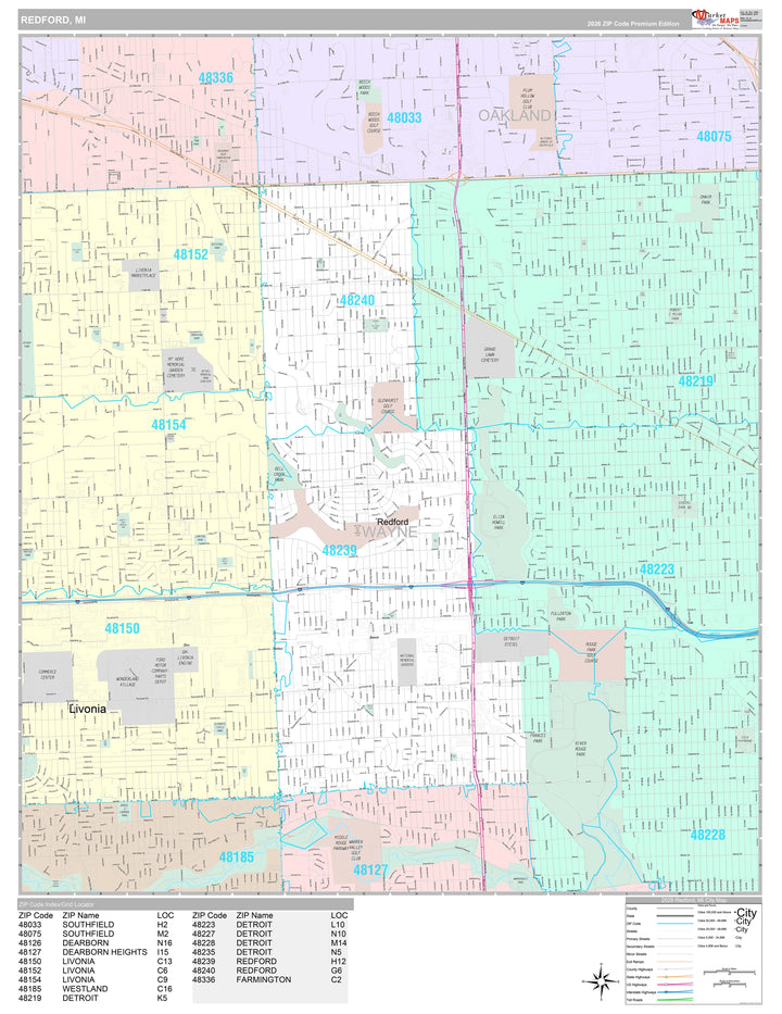 Premium Style Wall Map of Redford, MI