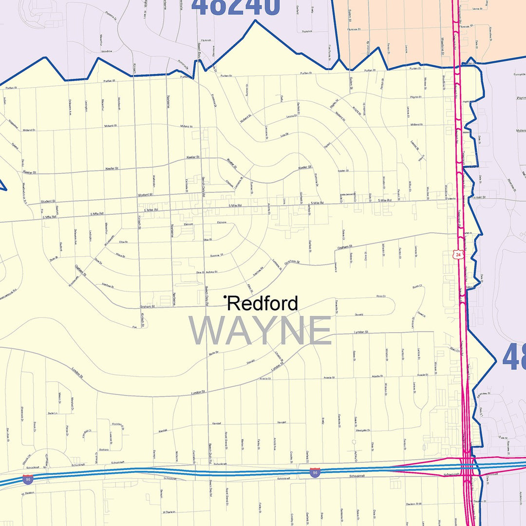 Color Cast Zip Code Style Wall Map of Redford, MI