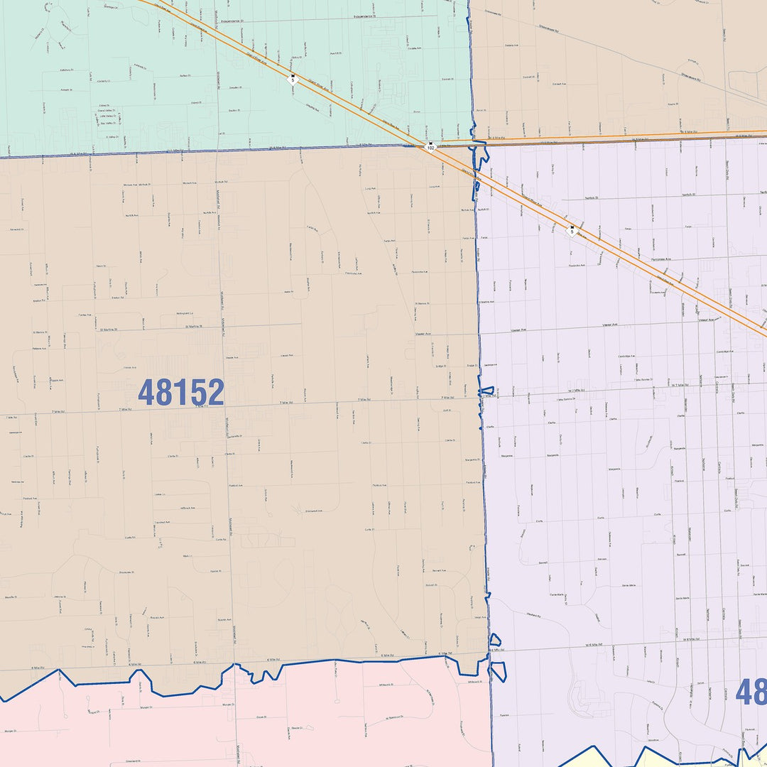 Color Cast Zip Code Style Wall Map of Redford, MI