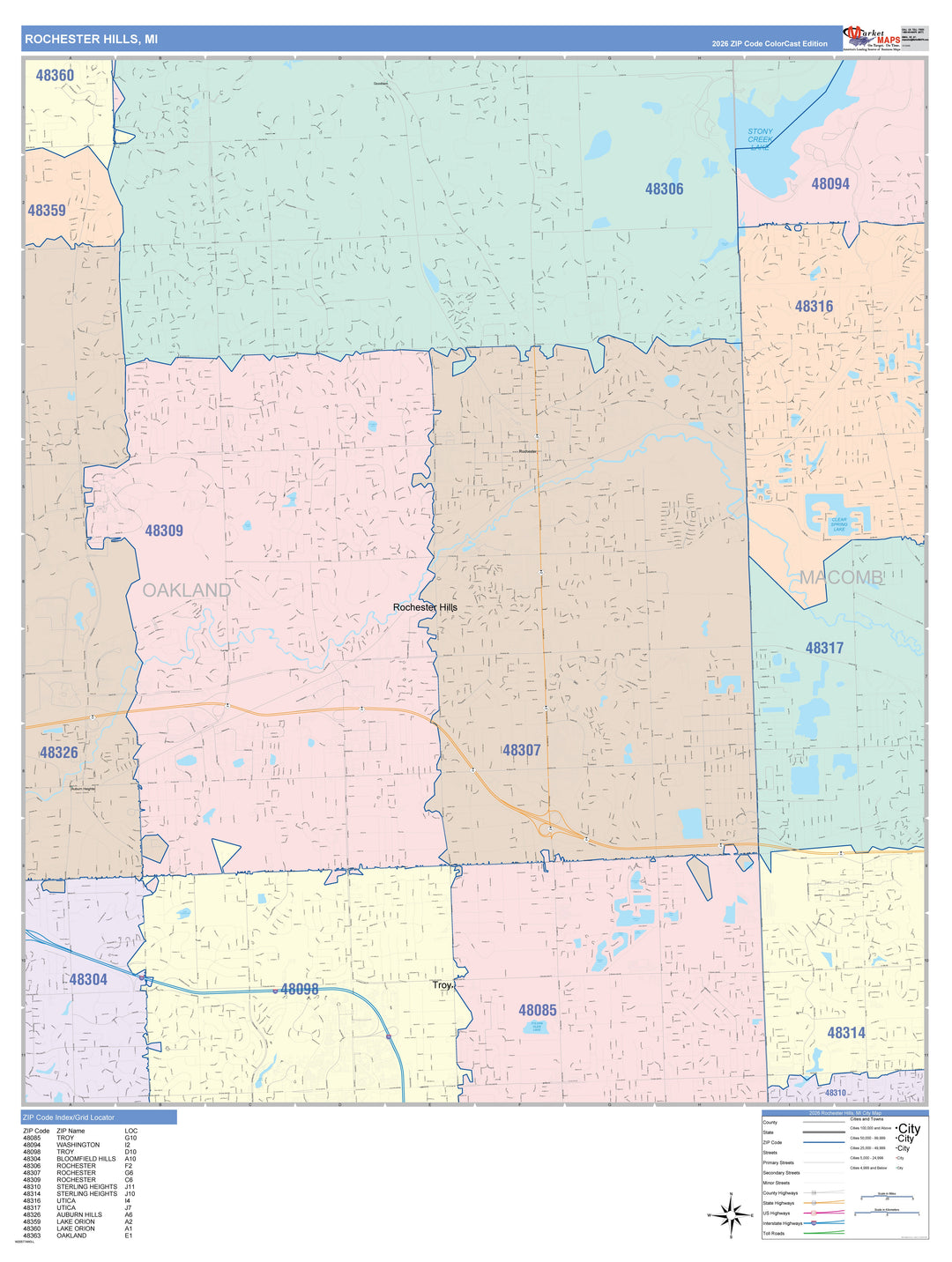 Color Cast Zip Code Style Wall Map of Rochester Hills, MI