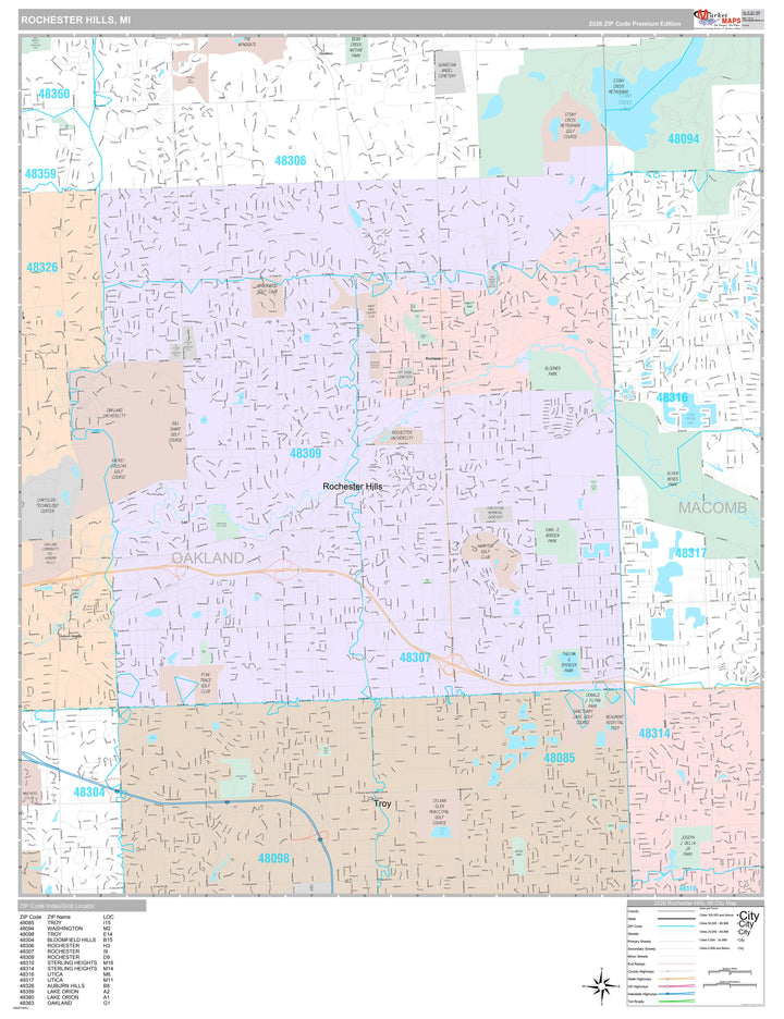 Premium Style Wall Map of Rochester Hills, MI