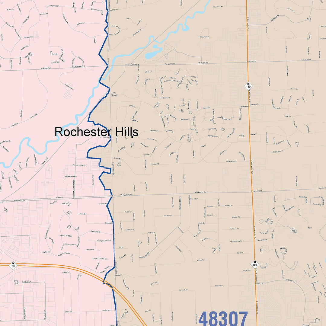 Color Cast Zip Code Style Wall Map of Rochester Hills, MI
