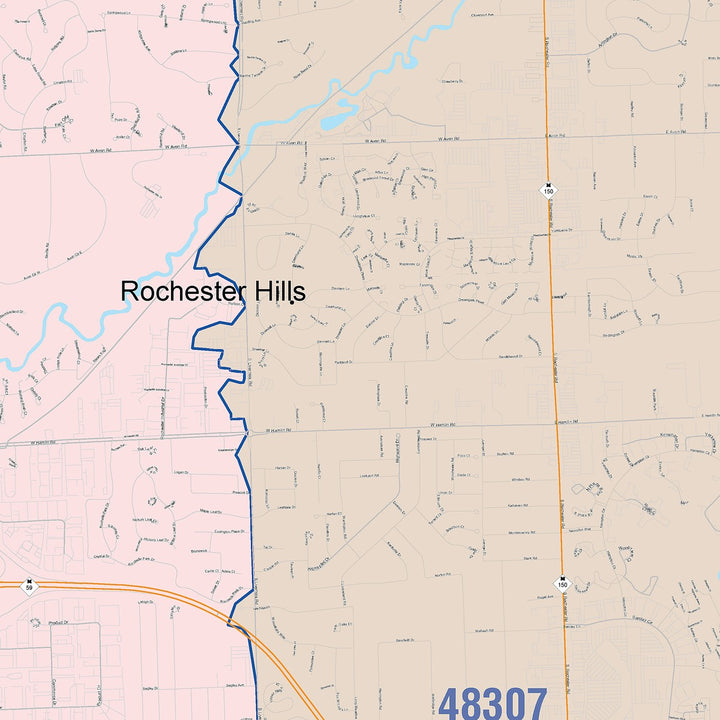 Color Cast Zip Code Style Wall Map of Rochester Hills, MI