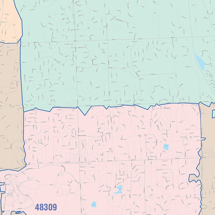 Color Cast Zip Code Style Wall Map of Rochester Hills, MI