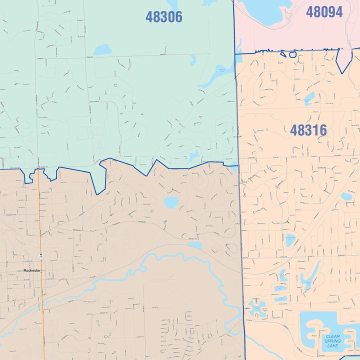 Color Cast Zip Code Style Wall Map of Rochester Hills, MI