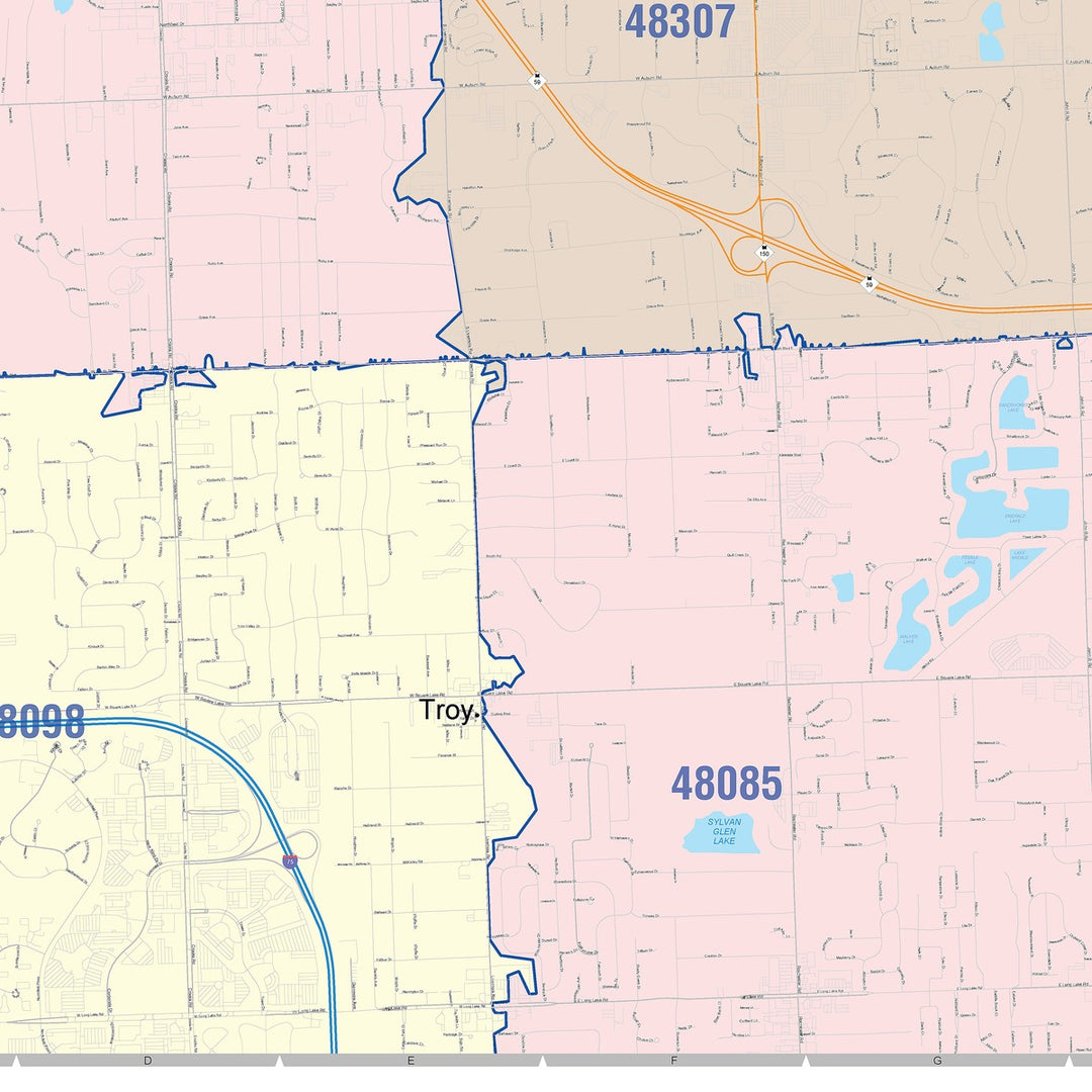 Color Cast Zip Code Style Wall Map of Rochester Hills, MI