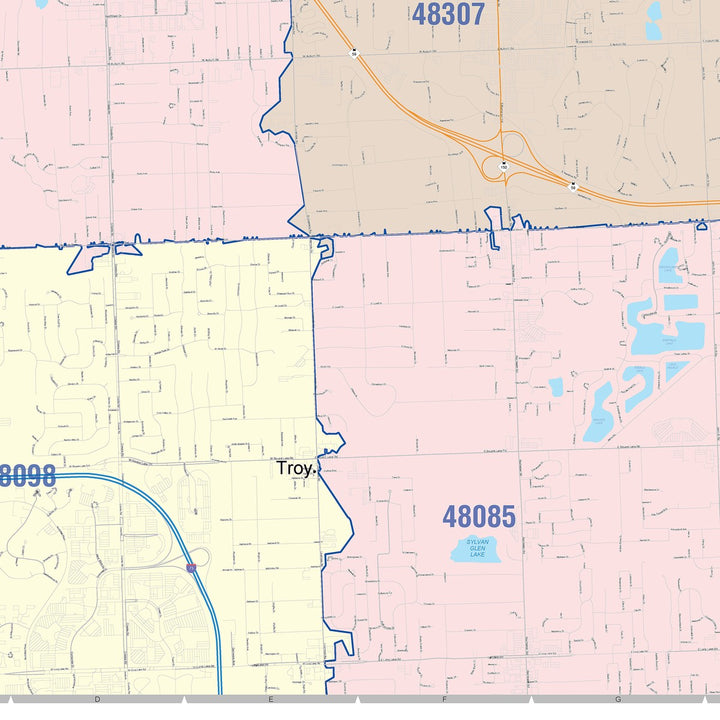 Color Cast Zip Code Style Wall Map of Rochester Hills, MI