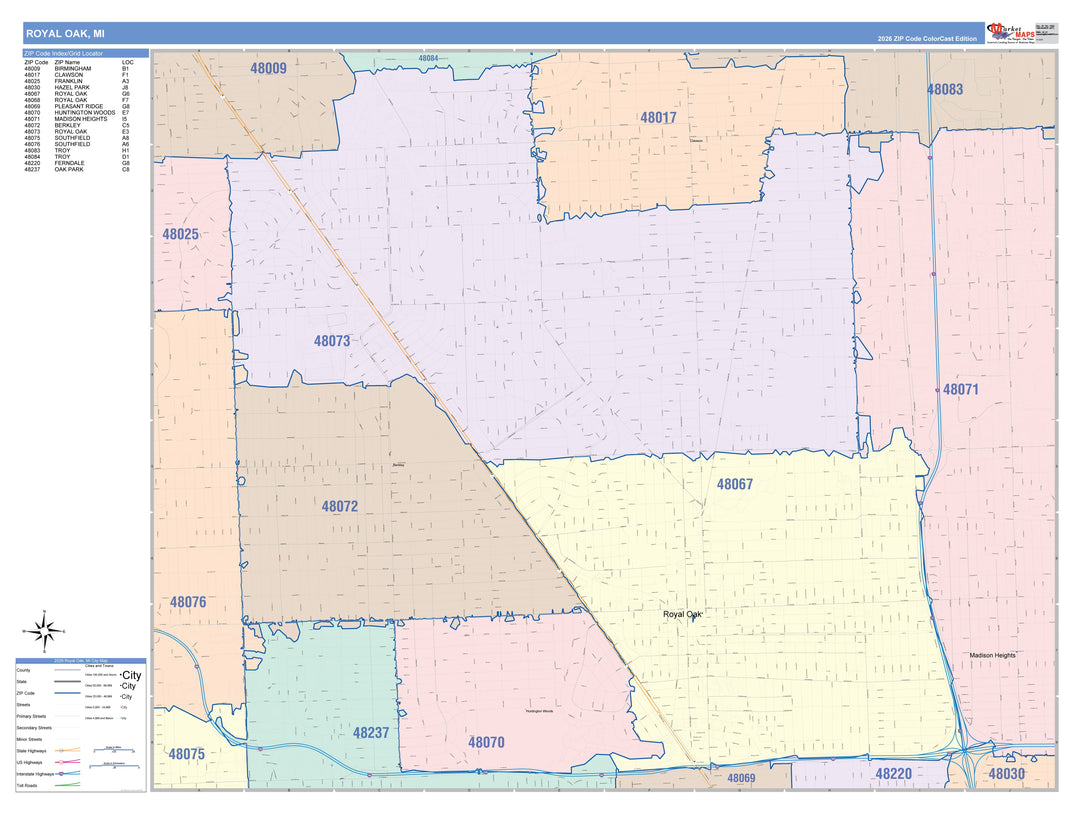 Color Cast Zip Code Style Wall Map of Royal Oak, MI
