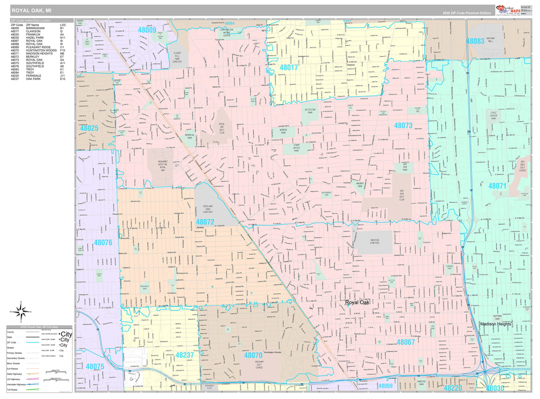 Premium Style Wall Map of Royal Oak, MI