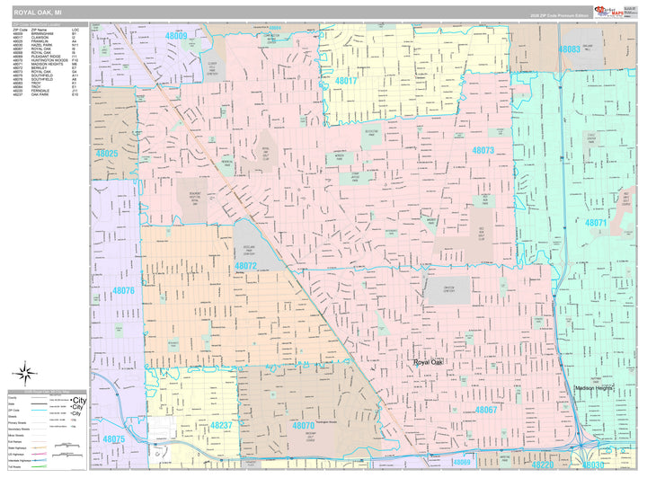 Premium Style Wall Map of Royal Oak, MI