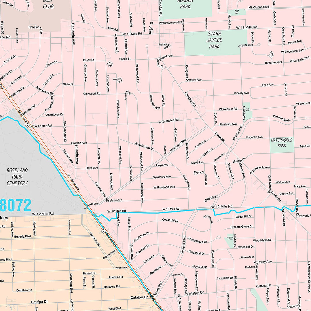 Premium Style Wall Map of Royal Oak, MI