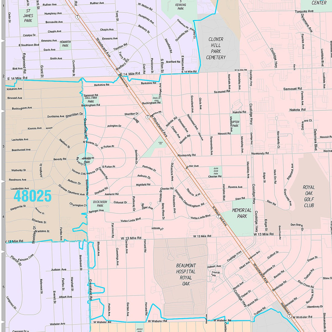 Premium Style Wall Map of Royal Oak, MI