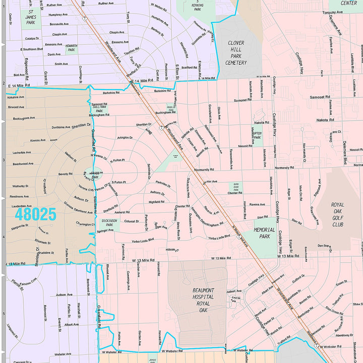 Premium Style Wall Map of Royal Oak, MI