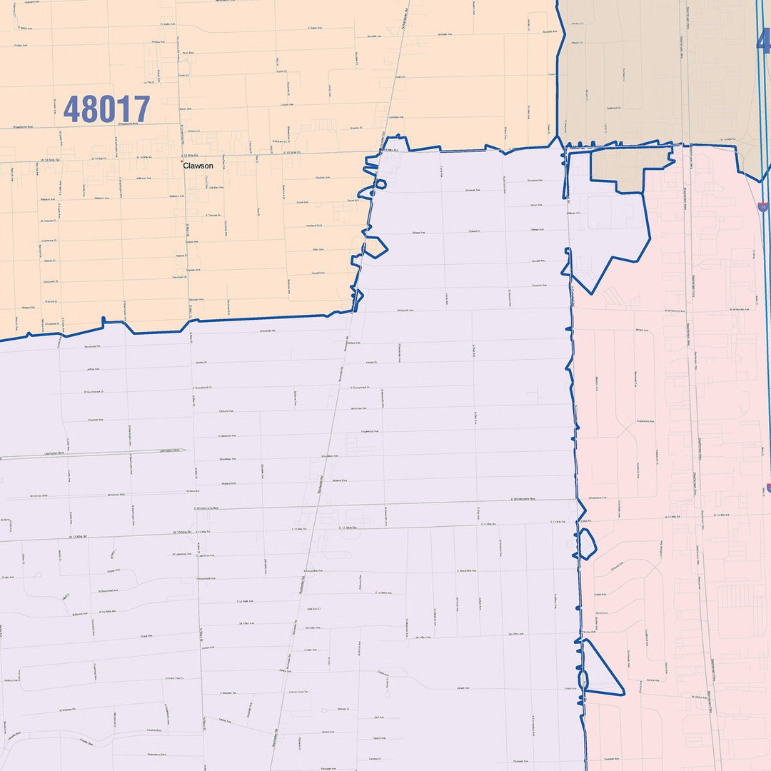 Color Cast Zip Code Style Wall Map of Royal Oak, MI