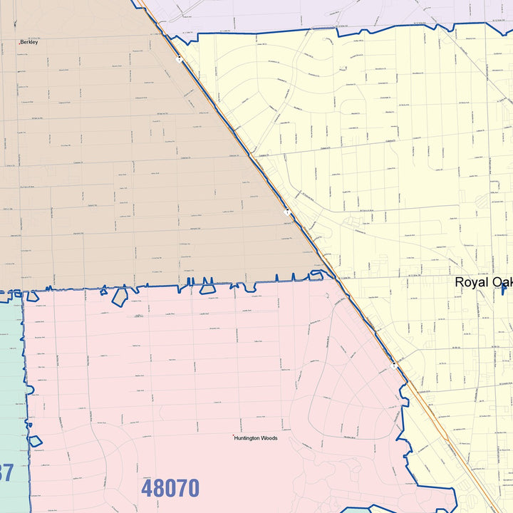 Color Cast Zip Code Style Wall Map of Royal Oak, MI