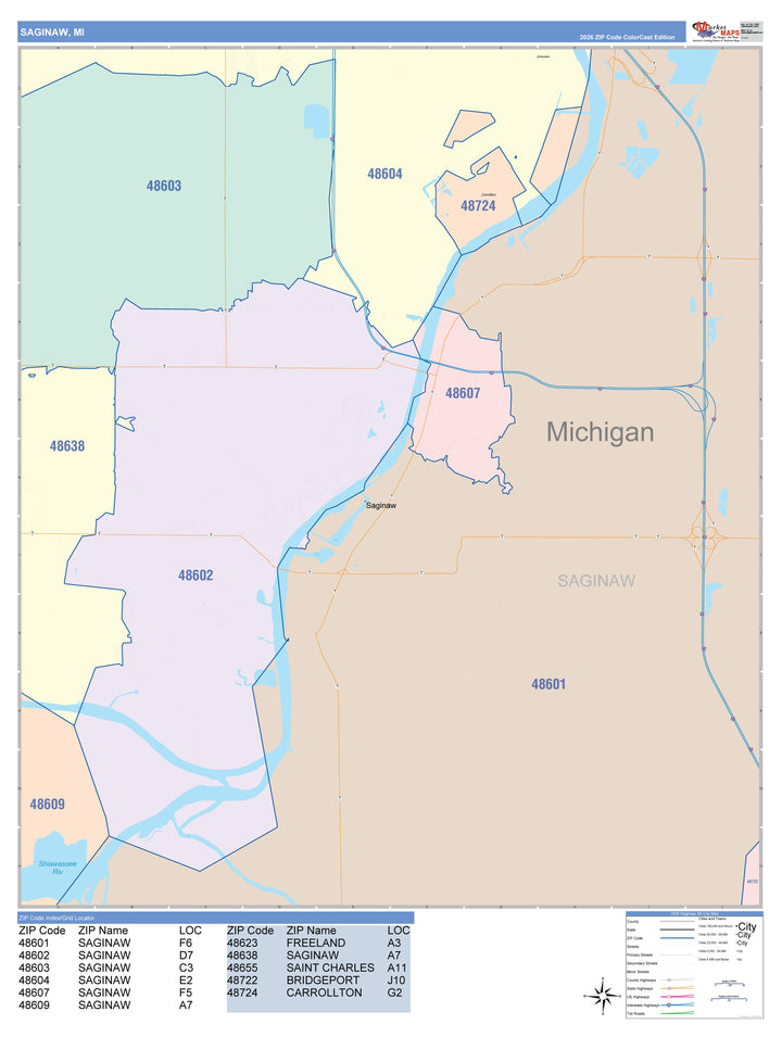 Color Cast Zip Code Style Wall Map of Saginaw, MI