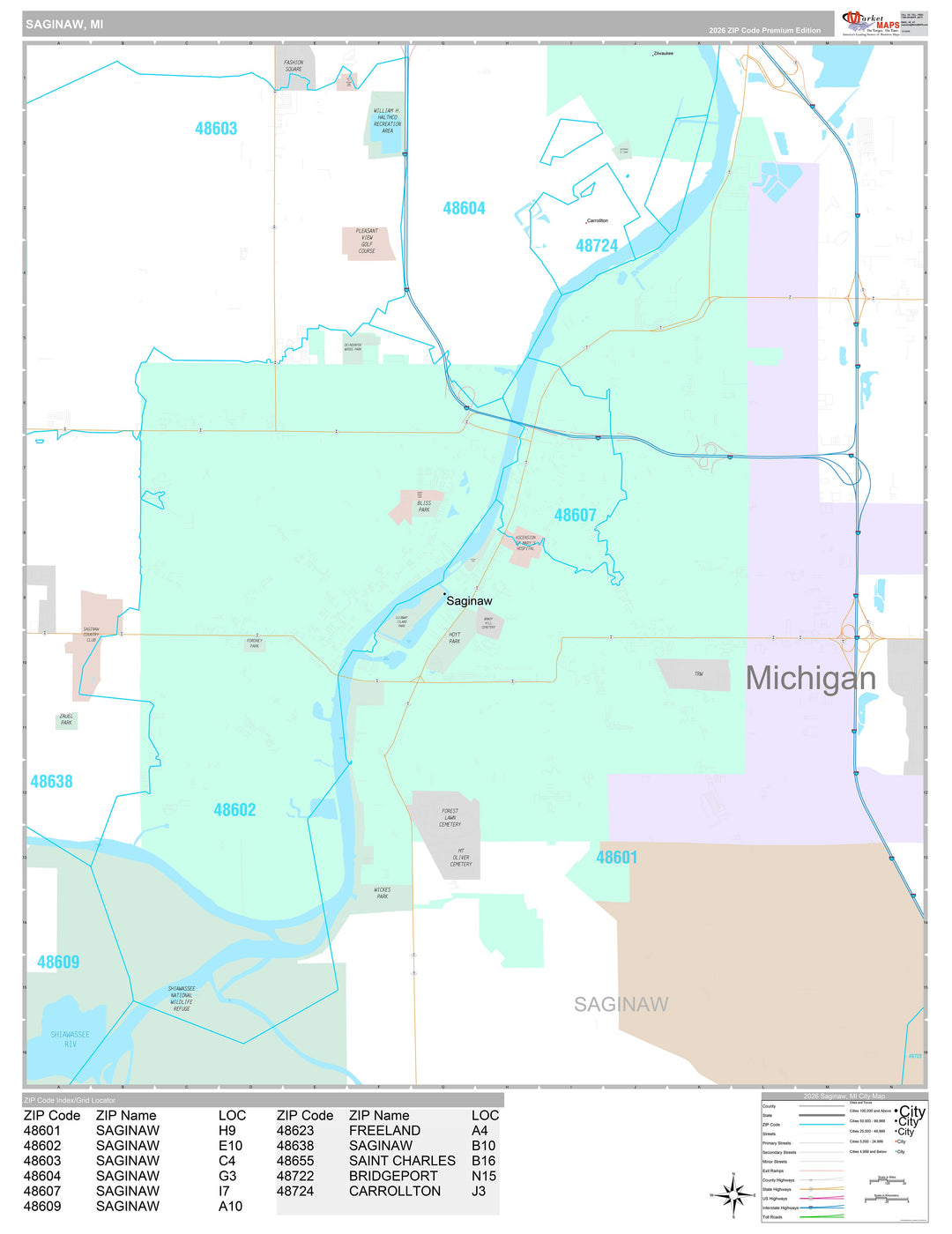 Premium Style Wall Map of Saginaw, MI