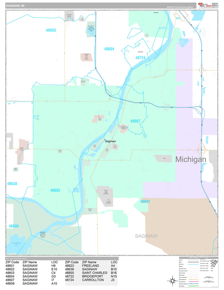 Premium Style Wall Map of Saginaw, MI