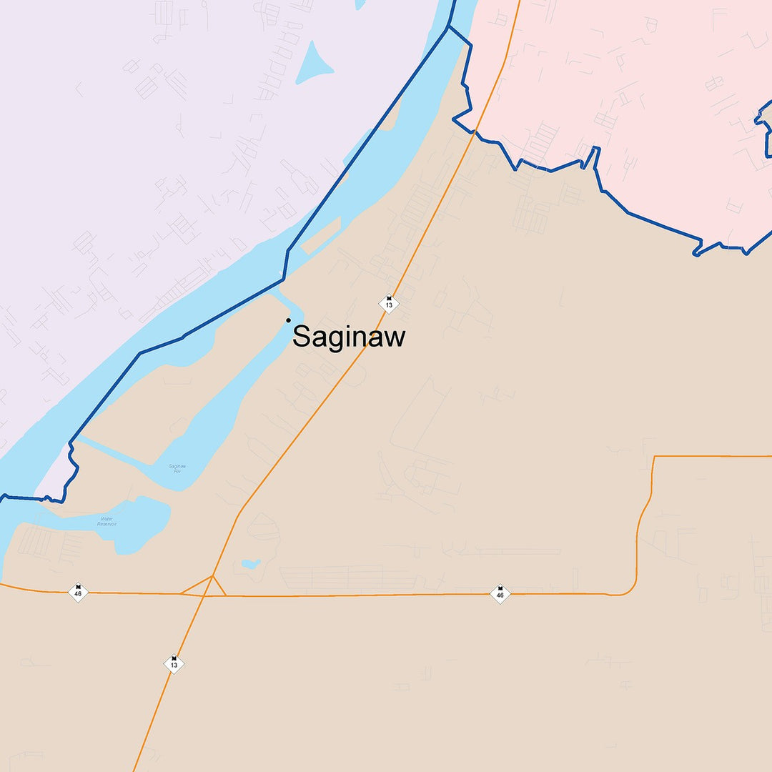 Color Cast Zip Code Style Wall Map of Saginaw, MI