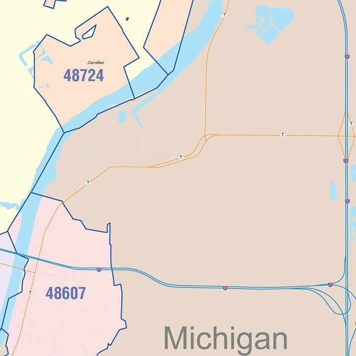 Color Cast Zip Code Style Wall Map of Saginaw, MI
