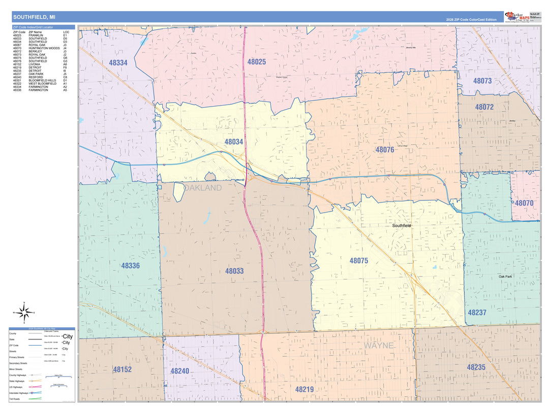Color Cast Zip Code Style Wall Map of Southfield, MI