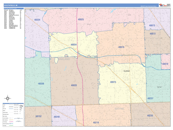 Color Cast Zip Code Style Wall Map of Southfield, MI