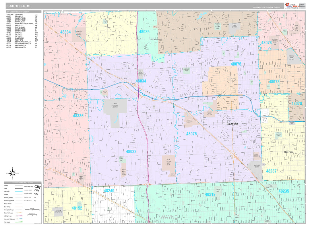 Premium Style Wall Map of Southfield, MI