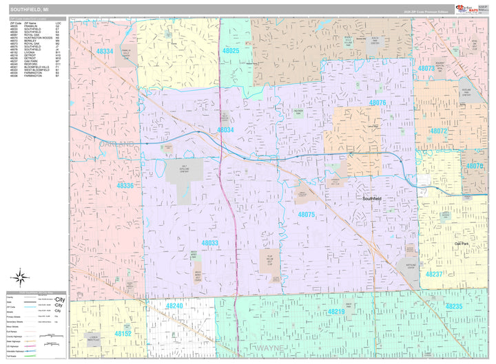 Premium Style Wall Map of Southfield, MI