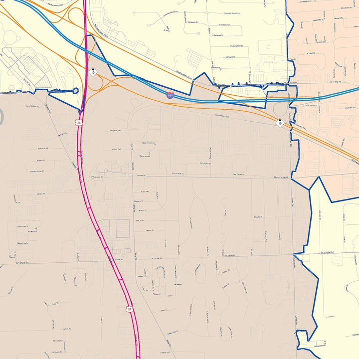 Color Cast Zip Code Style Wall Map of Southfield, MI