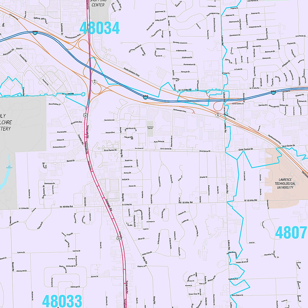 Premium Style Wall Map of Southfield, MI