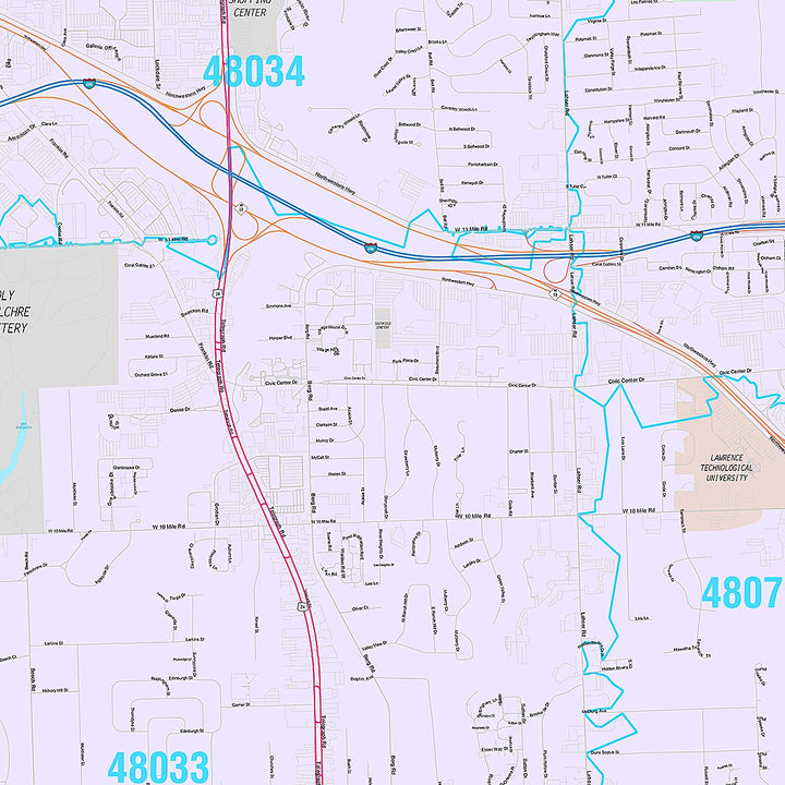 Premium Style Wall Map of Southfield, MI